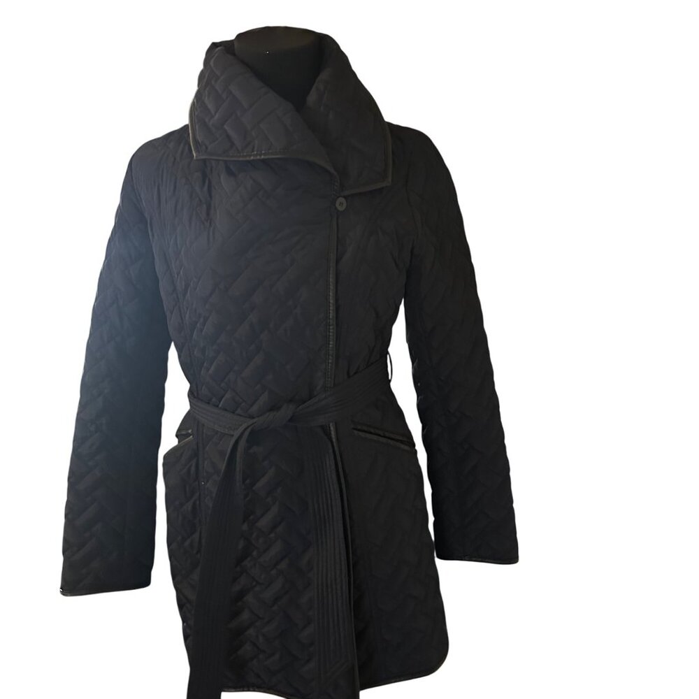 Cole Haan Signature dark blue quilted belted coat size S - Picture 4 of 7